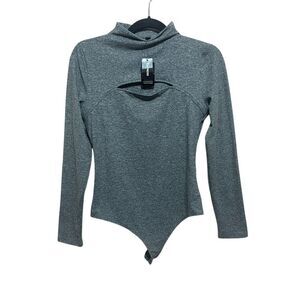 NWT Express‎ Body Contour Gray Mock Neck Cutout Thong Bodysuit Trendy Size M